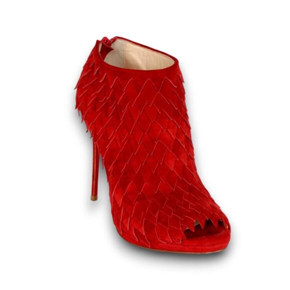 Christian Louboutin Red Suede Diplonana 120 Peep Toe Ankle Boots - Picture 1 of 13
